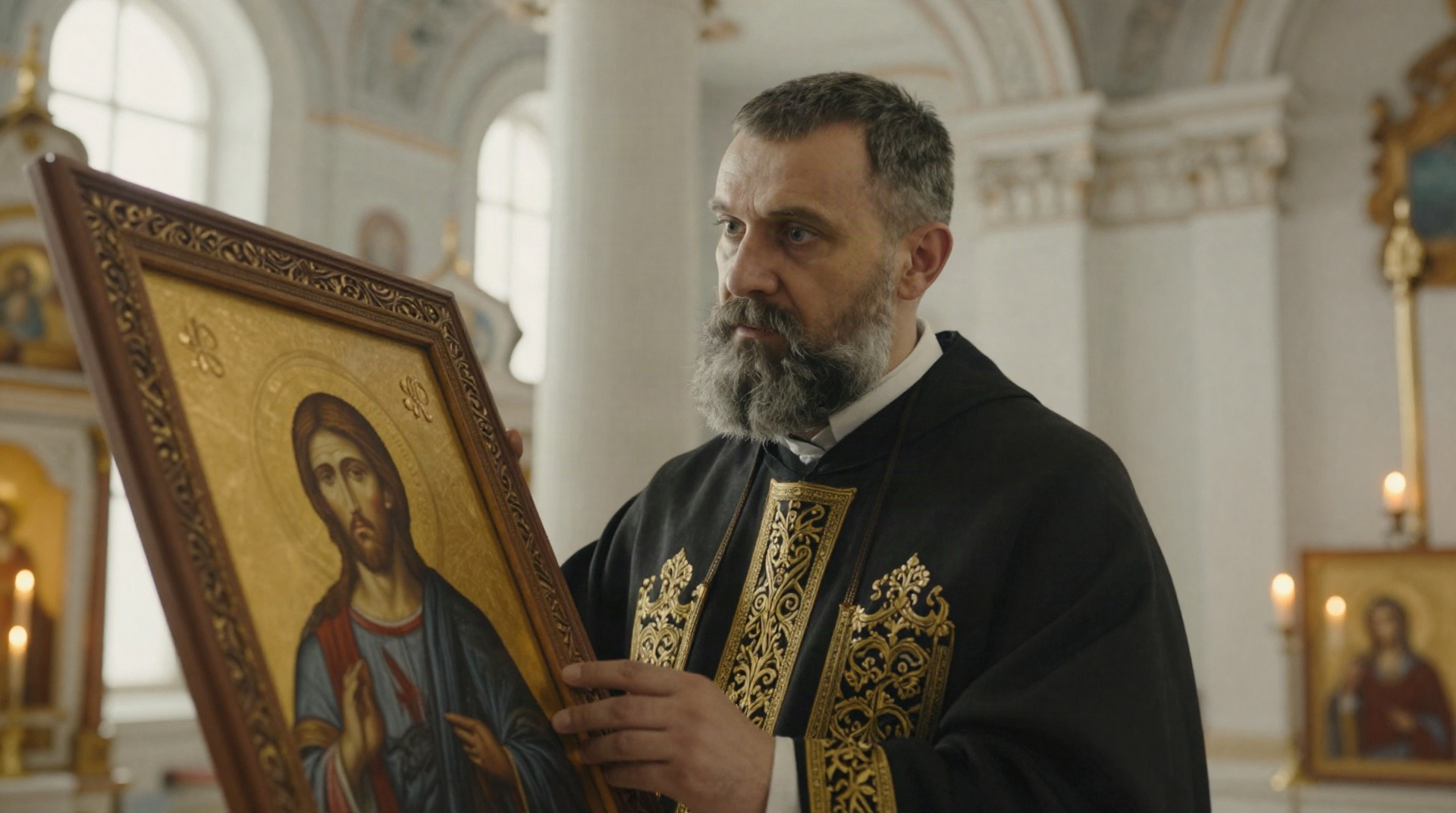 Священник рассматривает икону Спасителя в храме для проверки стилистического соответствия интерьеру.